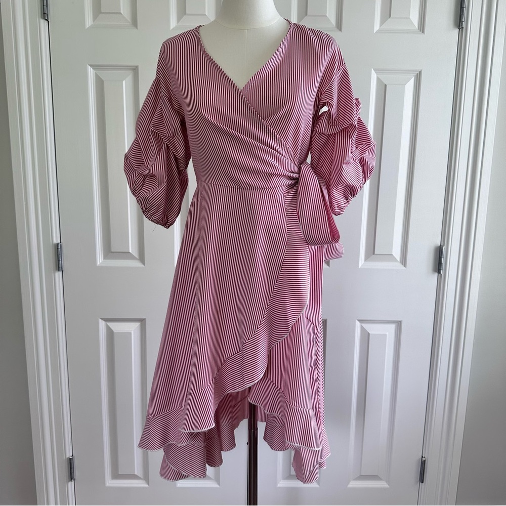 Pink White Stripe Asymmetrical Bishop Puffy Sleeves Belt Wrap Dress Size 6